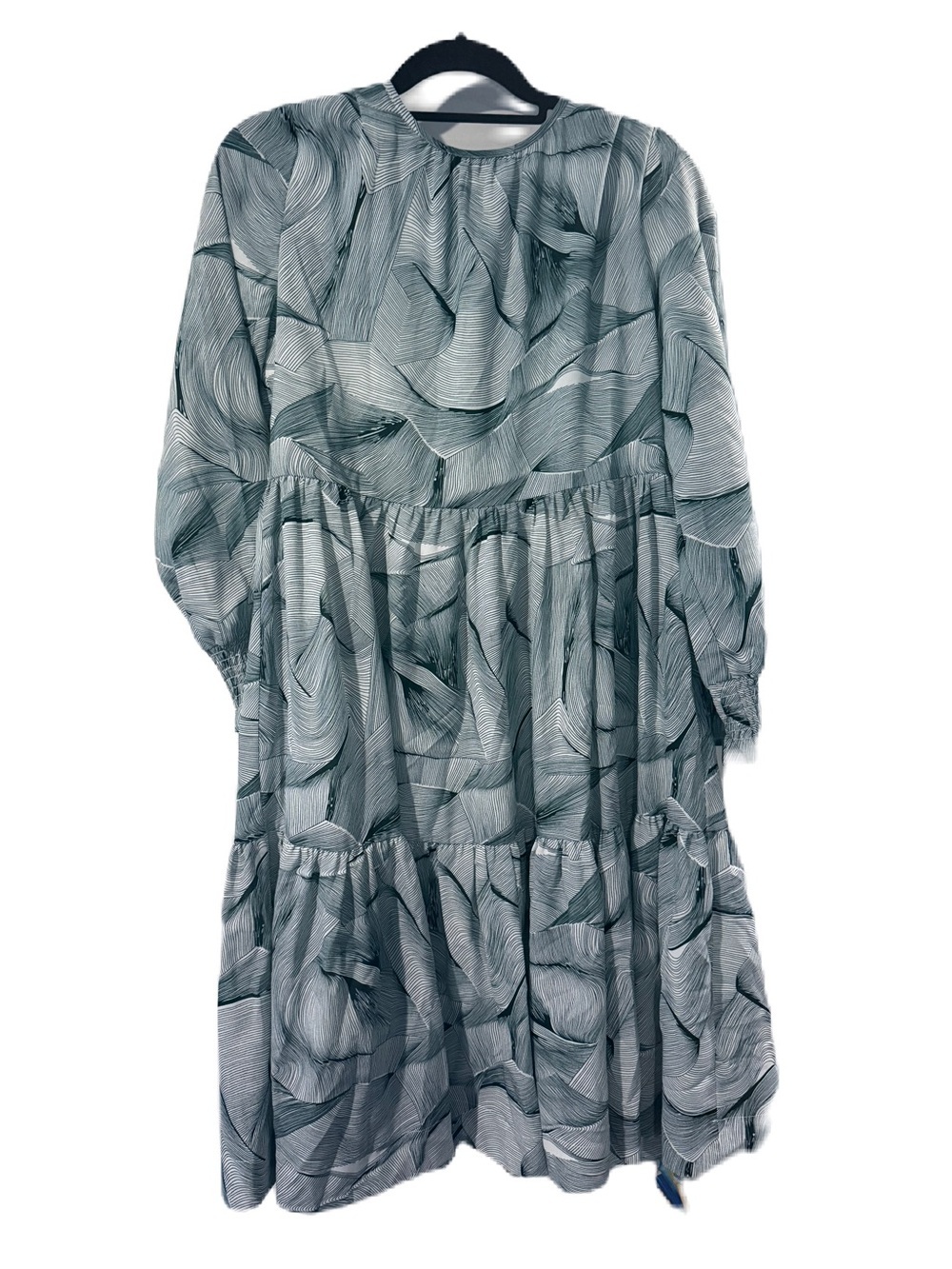 Abstract Wave Print Long Sleeve Tiered Dress - Slate Blue/green size large